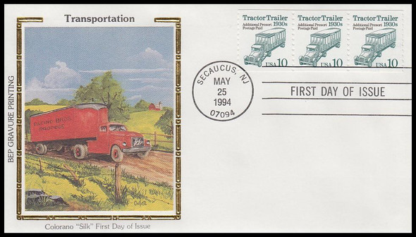 2458 / 10c Tractor Trailer 1930s Coil Strip of 3: Transportation Series Colorano Silk 1994 FDC