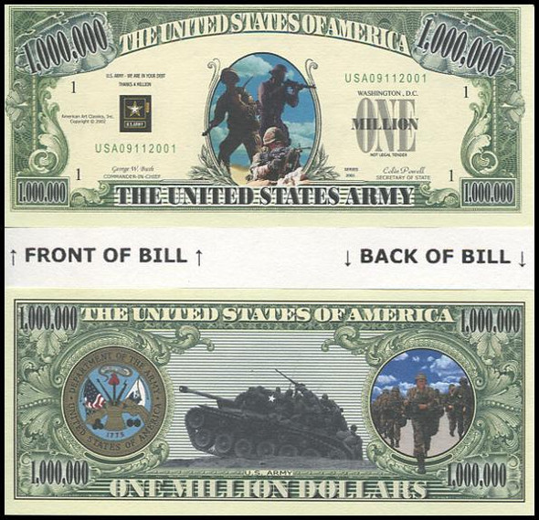 United States Army Million Dollar Novelty Commemorative Bill