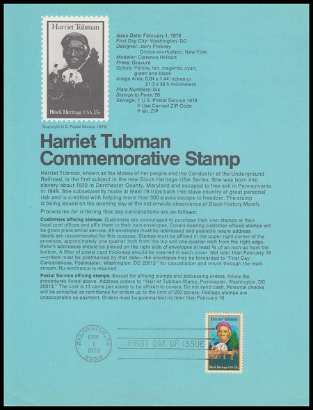 1744 / 13c Harriet Tubman : Black Heritage 1978 USPS Souvenir Page #7805