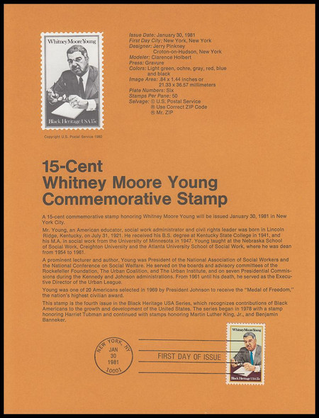 1875 / 15c Whitney Moore Young : Black Heritage Series 1981 USPS Souvenir Page #8004