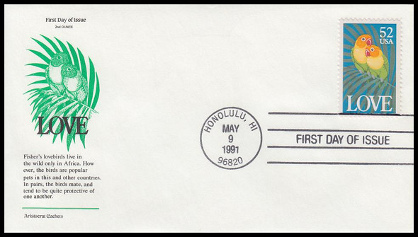 2537 / 52c Love Birds : Love Series 1991 Aristocrat Cachets First Day Cover