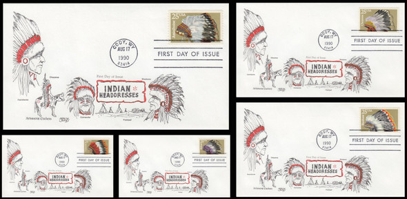 2501 - 2505 / 25c Indian Headdresses Set of 5 Aristocrat Cachets 1990 First Day Covers