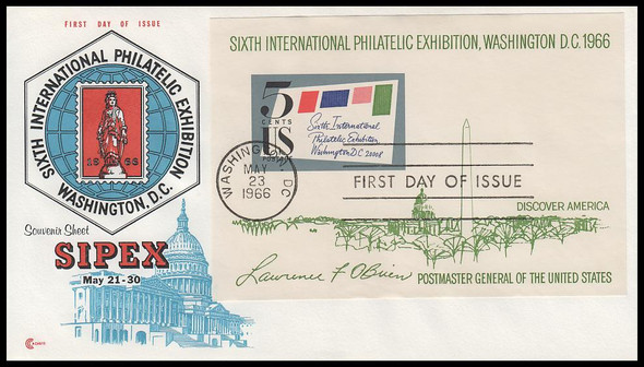 1311 / 5c Sipex Souvenir Sheet Imperf 1966 Cover Craft Cachets FDC w / insert card