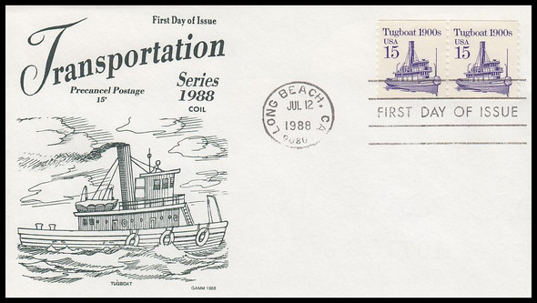 2260 / 15c Tugboat 1900s Coil Strips : Transportation Series 1988 GAMM First Day Cover