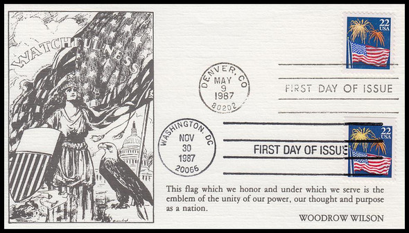 2276 & 2276a / 22c Flag With Fireworks Dual Issue 1987 K.M.C. Venture First Day Cover