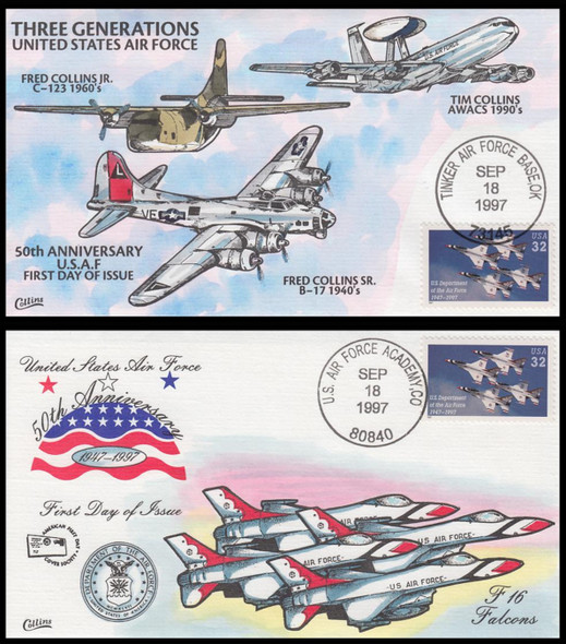 3167 / 32c U.S. Department of the Air Force : 50th Anniversary Set of 2 Collins Hand-Painted 1997 FDCs