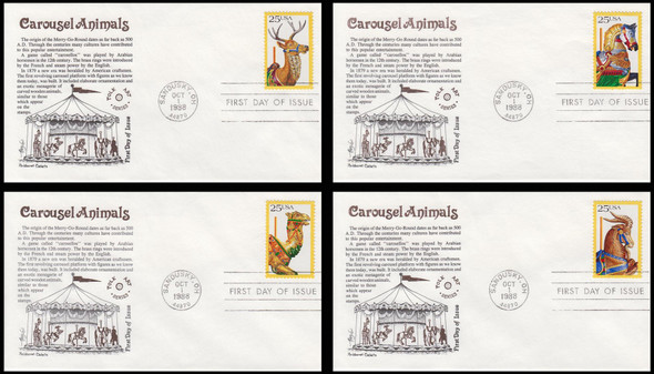 2390 - 2393 / 25c Carousel Animals 1988 Set of 4 First Day Covers