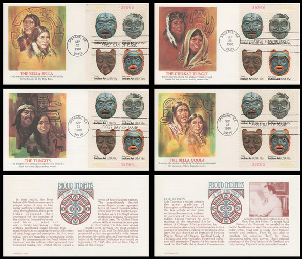 1837a / 15c Pacific Northwest Indian Masks 1980 Set of 4 All Corners Plate Blocks Fleetwood First Day Covers