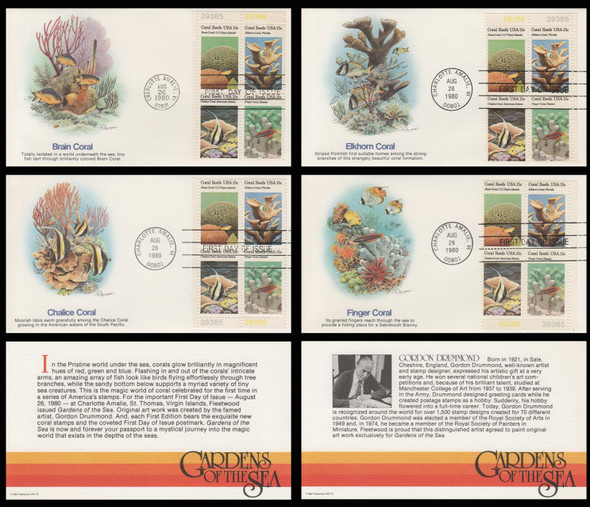 1830a / 15c Coral Reef 1980 Set of 4 All Corners Plate Blocks Fleetwood First Day Covers 1830a / 15c Coral Reef 1980 Set of 4 All Corners Plate Blocks Fleetwood First Day Covers
