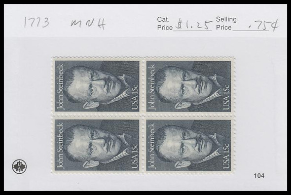 1773 / 15c John Steinbeck : Literary Series Block 1979 Mint Never Hinged Condition 1773 / 15c John Steinbeck : Literary Series Block 1979 Mint Never Hinged Condition