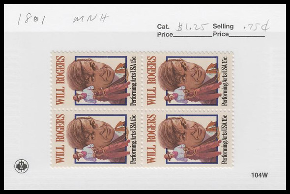 1801 / 15c Will Rogers : Performing Arts Block 1979 Mint Never Hinged Condition 1801 / 15c Will Rogers : Performing Arts Block 1979 Mint Never Hinged Condition