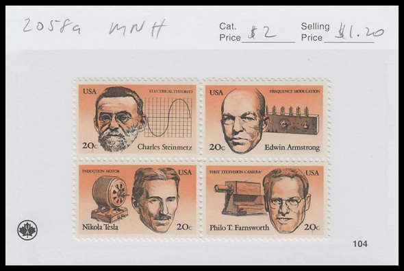 2058a / 20c American Inventors Se-Tenant Block 1983 Mint Never Hinged Condition 2058a / 20c American Inventors Se-Tenant Block 1983 Mint Never Hinged Condition