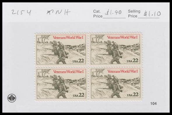 2154 / 22c World War I Veterans Block 1985 Mint Never Hinged Condition 2154 / 22c World War I Veterans Block 1985 Mint Never Hinged Condition
