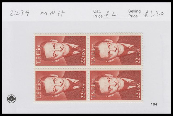 2239 / 22c T.S. Eliot : Literary Arts Block 1986 Mint Never Hinged Condition 2239 / 22c T.S. Eliot : Literary Arts Block 1986 Mint Never Hinged Condition