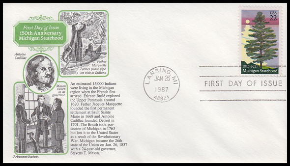 2246 / 22c Michigan Statehood 1987 Aristocrat Cachets First Day Cover