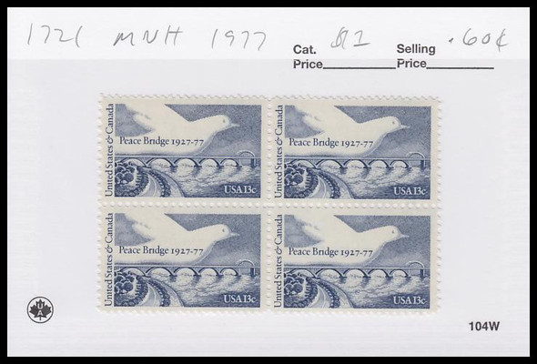 1721 / 13c Peace Bridge Block 1977 Mint Never Hinged Condition