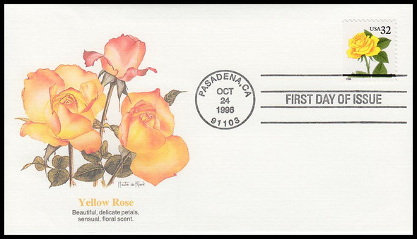 3049 / 32c Yellow Rose Booklet Single 1996 Fleetwood FDC