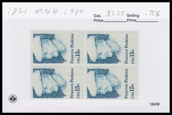 1821 / 15c Frances Perkins Block 1980 Mint Never Hinged Condition 1821 / 15c Frances Perkins Block 1980 Mint Never Hinged Condition