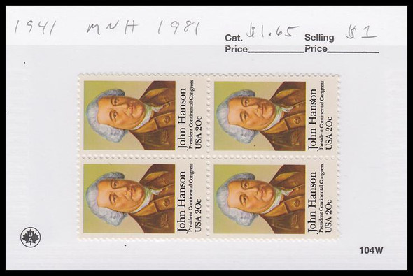 1941 / 20c John Hanson Block 1981 Mint Never Hinged Condition 1941 / 20c John Hanson Block 1981 Mint Never Hinged Condition