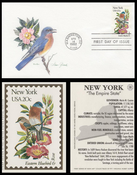 1984 / 20c New York : State Birds & Flowers 1982 w/ trading card Tudor House FDC 1984 / 20c New York : State Birds & Flowers 1982 w/ trading card Tudor House FDC