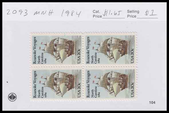 2093 / 20c Roanoke Voyages Block 1984 Mint Never Hinged Condition 2093 / 20c Roanoke Voyages Block 1984 Mint Never Hinged Condition