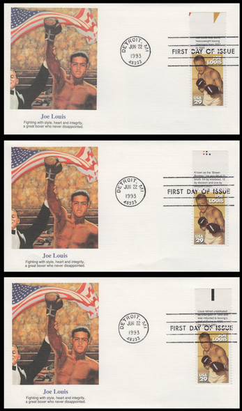 2766 / 29c Joe Louis : Boxing 1993 Tabs Set of 3 Fleetwood First Day Covers 2766 / 29c Joe Louis : Boxing 1993 Tabs Set of 3 Fleetwood First Day Covers