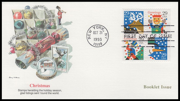 2798a / 29c Greetings Christmas Se-Tenant Bklt Block Fleetwood 1993 First Day Cover 2798a / 29c Greetings Christmas Se-Tenant Bklt Block Fleetwood 1993 First Day Cover