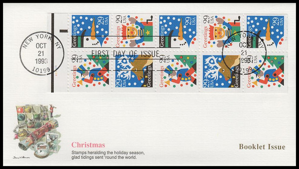 2798a / 29c Greetings Christmas Booklet Pane Fleetwood 1993 First Day Cover 2798a / 29c Greetings Christmas Booklet Pane Fleetwood 1993 First Day Cover