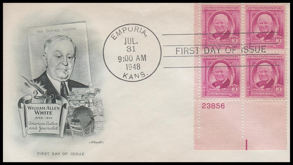 960 / 3c William Allen White Plate Block 1948 Artmaster FDC (LIGHT TONING THROUGHOUT) 960 / 3c William Allen White Plate Block 1948 Artmaster FDC (LIGHT TONING THROUGHOUT)