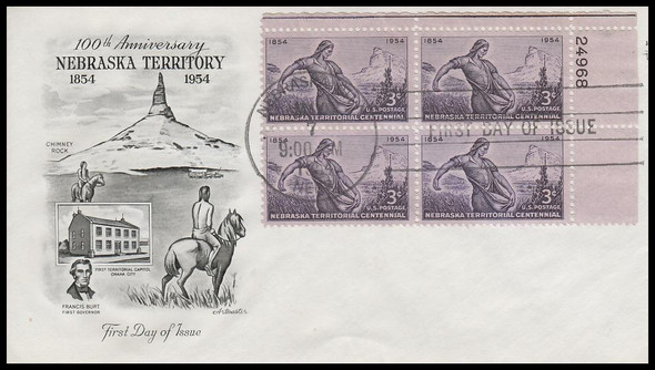 1060 / 3c Nebraska Territory Centennial Plate Block Artmaster 1954 First Day Cover