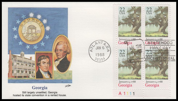 2339 / 22c Georgia Statehood Plat Block 1988 Fleetwood First Day Cover