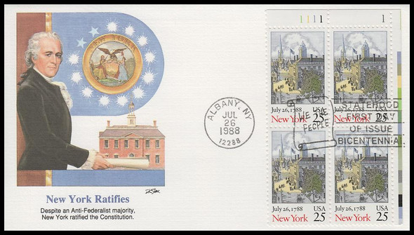 2346 / 25c New York Statehood Plate Block 1988 Fleetwood First Day Cover
