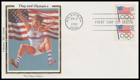 2528 / 29c Flag with Olympic Rings Booklet Pair 1991 Colorano Silk FDC