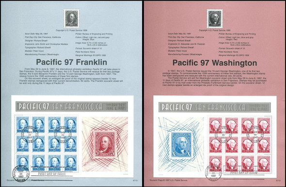 3139 - 3140 / 50c Franklin and 60c Washington Pacific 97 Set of 2 USPS #9713 - 9714 Souvenir Pages