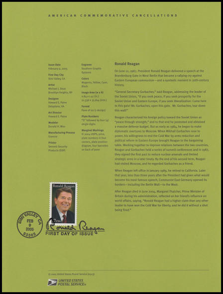 3897 / 37c Ronald Reagan 2005 USPS #0503 Souvenir Page