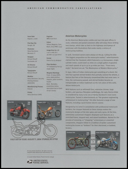 4085 - 4088 / 39c American Motorcycles 2006 USPS #0639 Souvenir Page