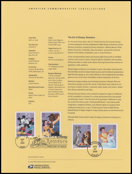 4025 - 4028 / 39c Romance : Art of Disney 2006 USPS #0623 Souvenir Page