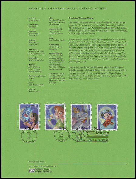 4192 - 4195 / 41c Magic : Art of Disney 2007 USPS #0734 Souvenir Page
