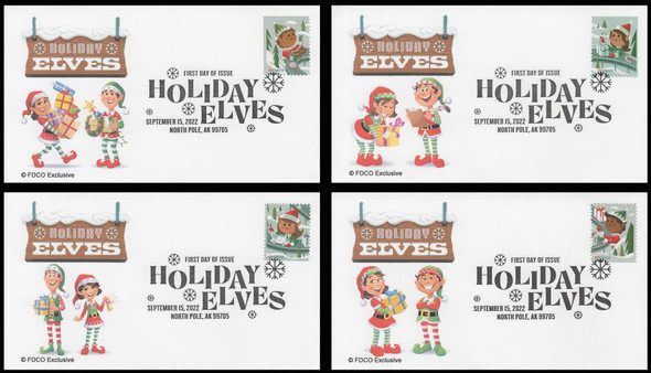 5722 - 5725 / 60c Holiday Elves : Christmas 2022 Set of 4 FDCO Exclusive FDCs