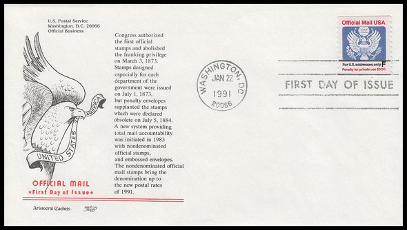 O144 / F Rate ( 29c ) Official Mail Coil 1991 Aristocrat Cachets First Day Cover