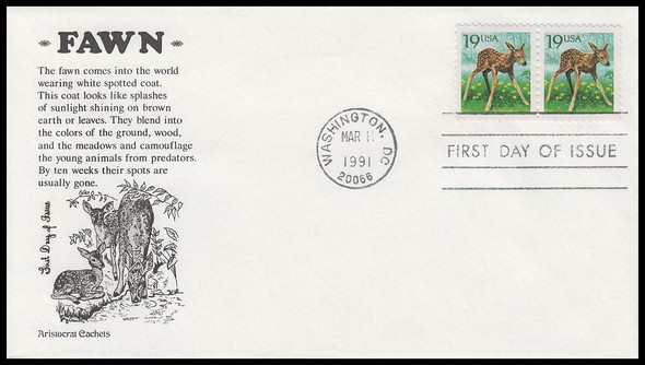 2479 / 19c Fawn Pair 1991 Aristocrat Cachets First Day Cover