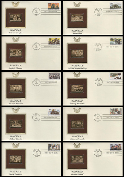 2981a - j / 1945 : " Victory At Last " Set of 10 : World War II / WWII Series 1995 Gold Replica Postal Commemorative Society FDCs with info cards