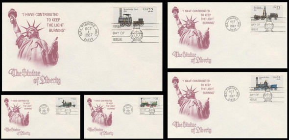2362 - 2366 / 22c Locomotives 1987 Set of 5 Artcraft Severe #3C FDCs (ONE ENVELOPE HAS CRIMPED EDGE)