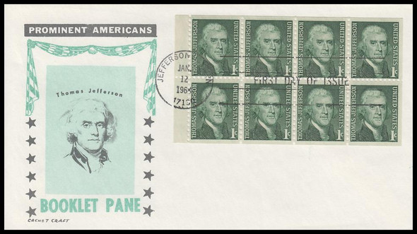 1278a / 1c Thomas Jefferson Booklet Pane 1968 Cachet Craft First Day Cover