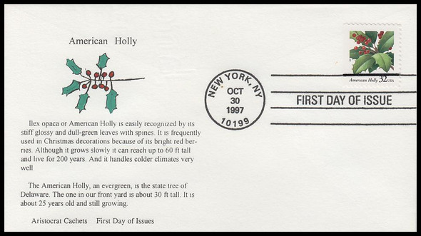 3177 / 32c Christmas Holly Christmas 1997 Aristocrat Cachets First Day Cover