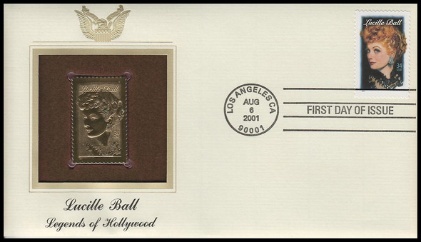 3523 / 34c Lucille Ball : Legends of Hollywood 2001 Gold Replica Postal Commemorative Society FDC with Info Card