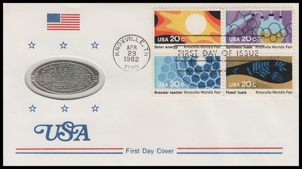 2009a / 20c Knoxville World’s Fair Se-Tenant Block 1982 Enlongated Dime Unknown Cachet First Day Cover