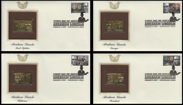 4380 - 4383 / 42c Abraham Lincoln 2009 Set of 4 Gold Replica Postal Commemorative Society FDCs with info cards