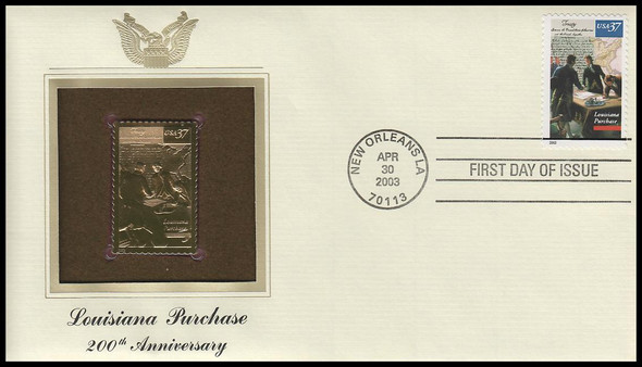 3782 / 37c Louisiana Purchase 2003 Gold Replica Postal Commemorative Society FDC with Info Card