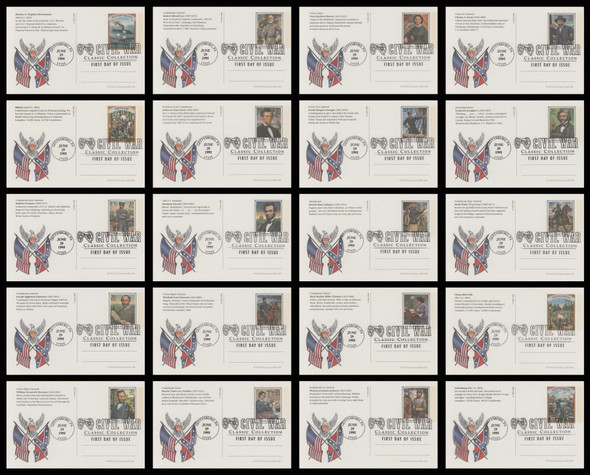 UX200 - UX219 / 20c Civil War 1995 Set of 20 FDCO Exclusive ADD-ON Postal Card FDCs